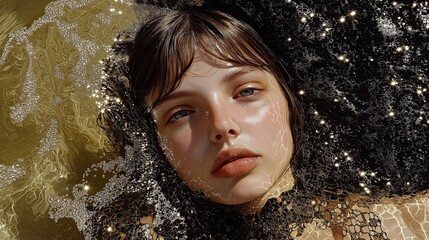 Fashion portrait of a woman with glittering black veil and golden reflections