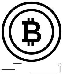 Bitcoin logo within concentric circles, with a wrench icon and minimal lines. Ideal for cryptocurrency, blockchain, finance, fintech, digital economy, technology and innovation. Flat simple metaphor