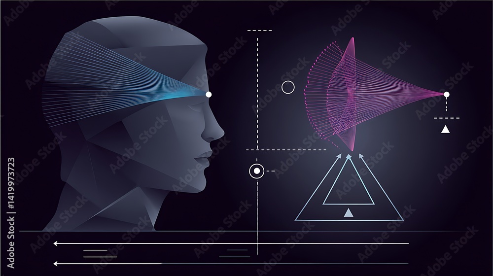 Poster abstract human head artificial intelligence visualization and data interpretation graphics.