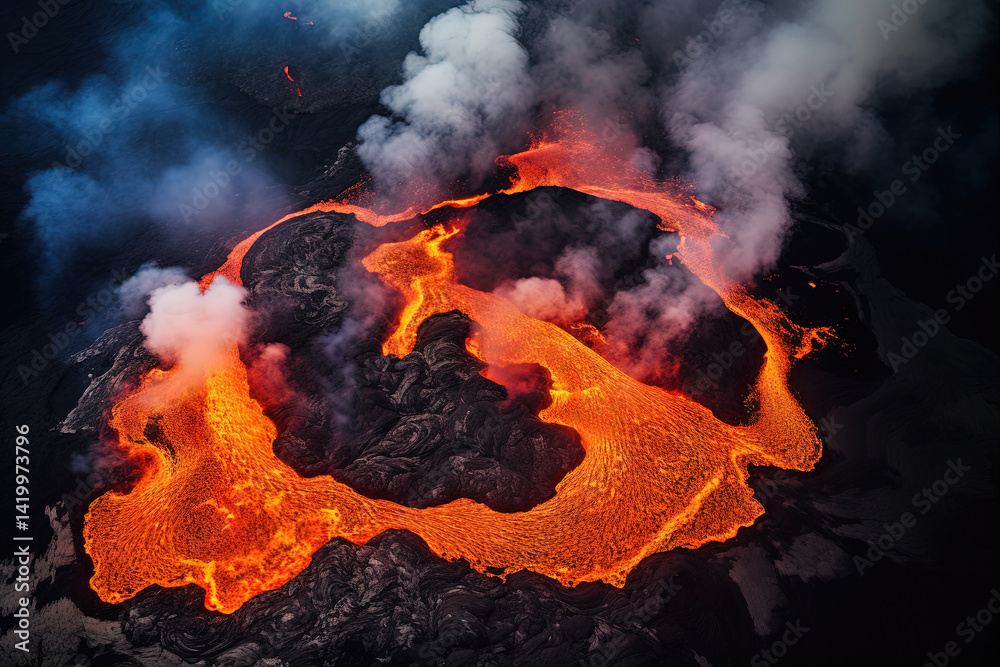 Wall mural volcano eruption from a bird view. volcano crater and magma flow shot from above. genertated ai.