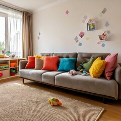 Children-friendly living room with a soft fabric sofa, colorful pillows, and toy storage underneath