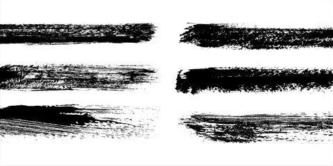 Ink brushstroke and paintbrush template with splashes grunge. Vector set black ink brush stroke. Dirty artistic design elements. Grunge splatter, dirt stain, brush