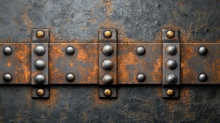 Fototapeta premium The close-up image features a metal plate with rust, visible rivets, and a textured surface, exhibiting clear signs of corrosion and age, captured in a range of dark tones