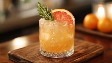 Fototapeta premium A grapefruit cocktail garnished with rosemary sits on a wooden board--bright, citrusy, and perfect for warm-weather menus