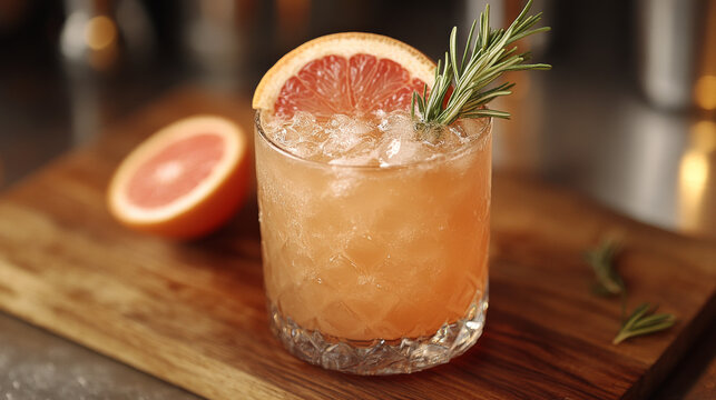 A grapefruit cocktail with rosemary on a wooden cutting board--perfect for a mocktail or summer drink menu