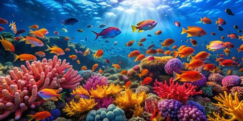 Fototapeta na wymiar Vibrant Underwater Scene Showcasing a Thriving Coral Reef Ecosystem with Diverse Colorful Fish Species