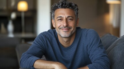 Portrait of handsome mature man relaxing on couch at home while looking at camera. Mixed race man in casual clothing sitting on sofa and smiling with copy space. Successful happy middle eastern guy.