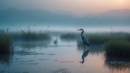 Heron standing in foggy marsh water at sunrise nature scene