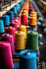 Vibrant Spools of Thread in a Colorful Textile Workshop with Vivid Hues of Cotton and Polyester for Creative Projects