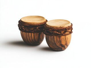 Two small wooden drums with brown rope accents sit on a white background.