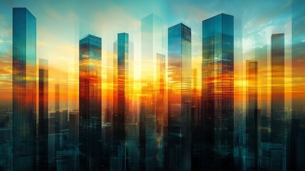 Fototapeta premium Vibrant cityscape at sunset, warm colors, skyscrapers reflecting light, urban landscape, dynamic composition.