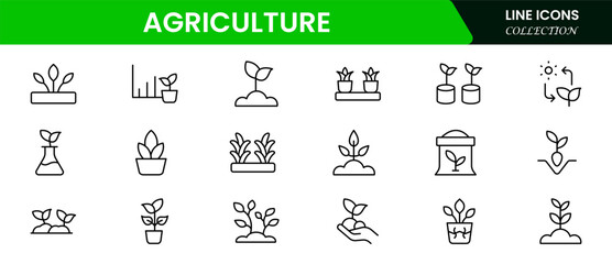 Agriculture and farming line icons. Vector plant sprouts and seedlings, root vegetables and seeds in seedbeds, greenhouses, and farm fields isolated signs with water, sun, and fertilizer.