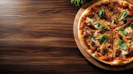 On a wooden table, a diverse array of food is arranged, featuring pizza, fried chicken, a burger, and an assortment of side dishes, as viewed from an overhead perspective