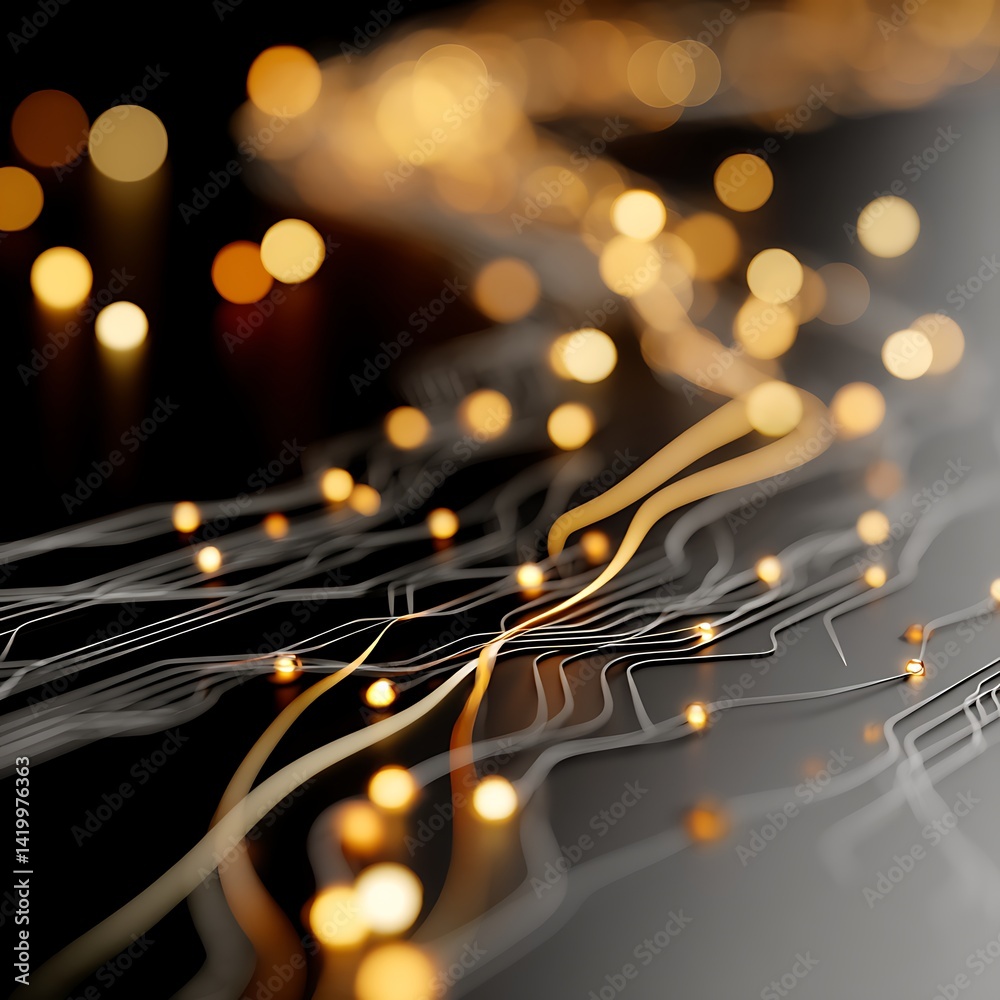 Poster abstract network communication pathways with golden bokeh highlights technological data flow.