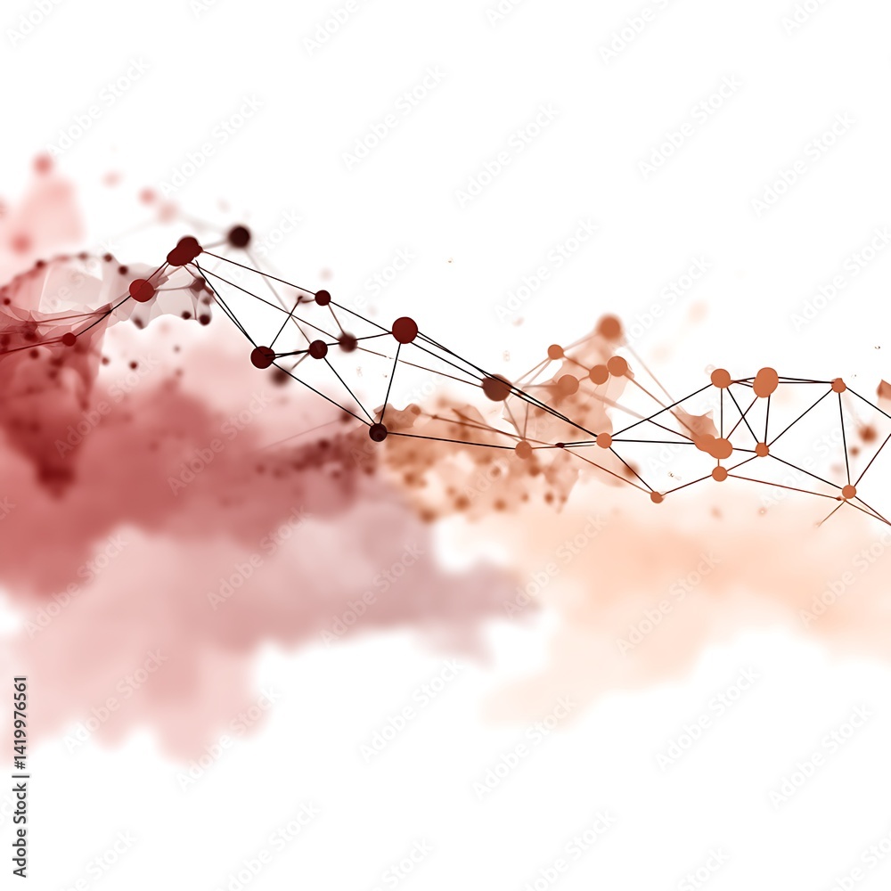 Fototapete abstract network connection plexus design with gradient red color cloud and lines and nodes.