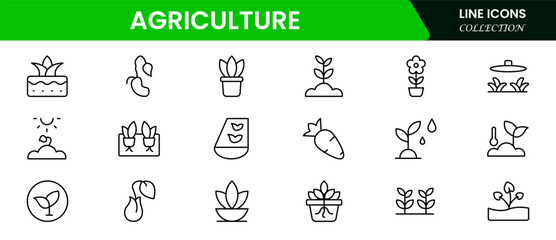Agriculture and farming line icons. Vector plant sprouts and seedlings, root vegetables and seeds in seedbeds, greenhouses, and farm fields isolated signs with water, sun, and fertilizer.