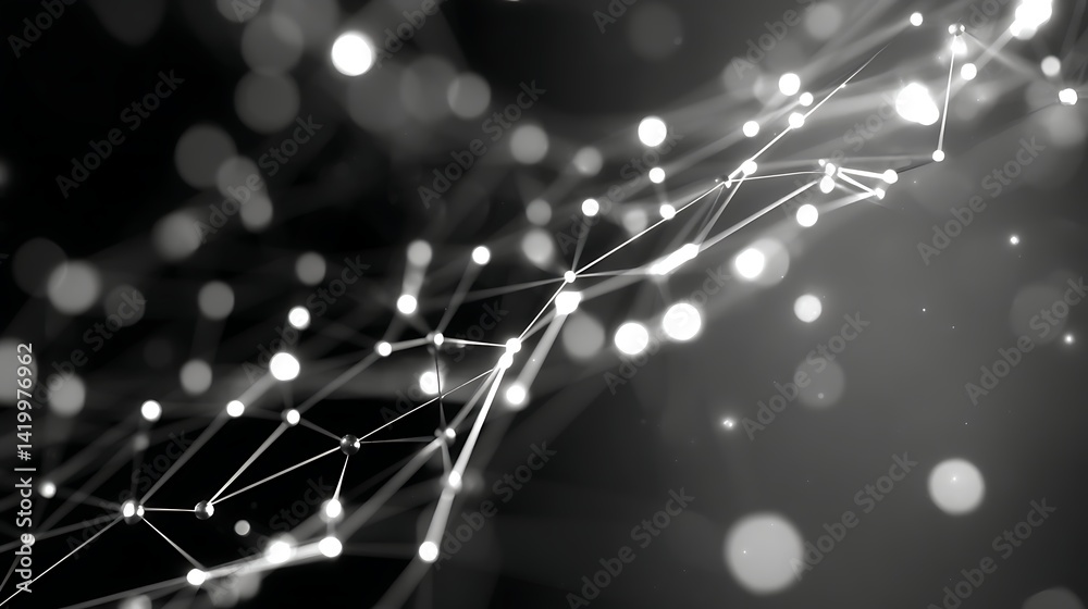 Poster abstract network of connected nodes creating a dynamic system on dark backdrop black and white.