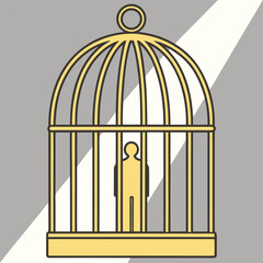 Person trapped inside a golden birdcage, symbolizing confinement.