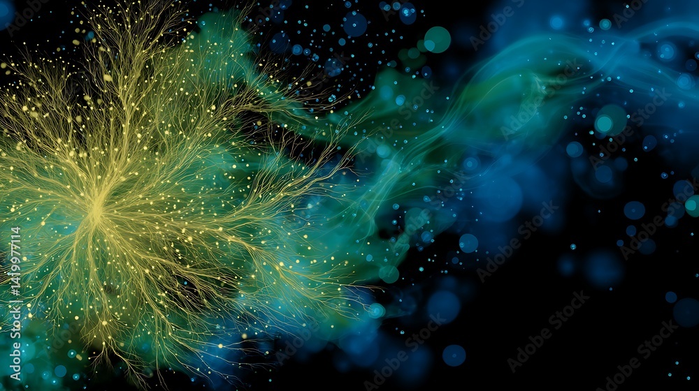 Poster abstract network tree with neural connections sparking in the digital nebula of technological space.