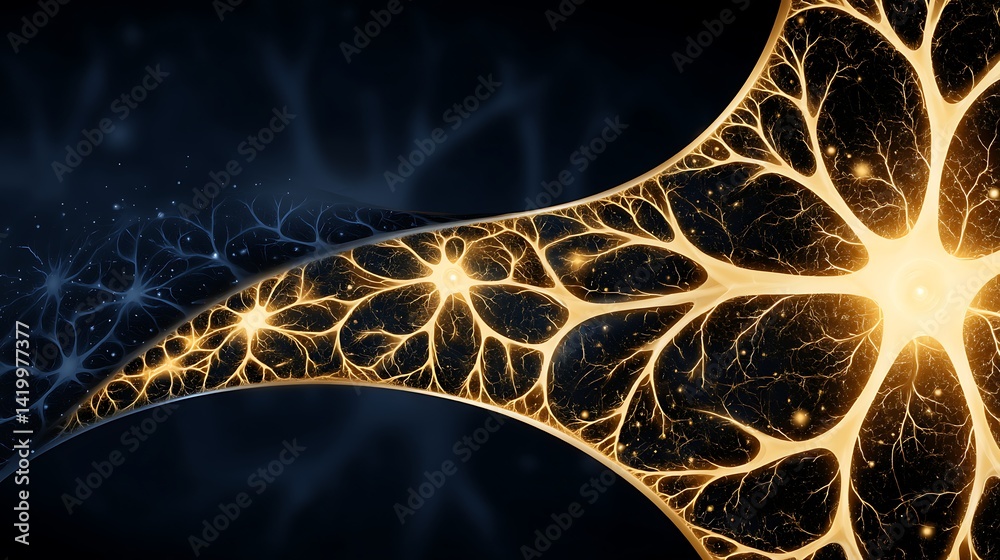 Poster abstract neural network connectivity with glowing synapses and interconnected neuron structures.