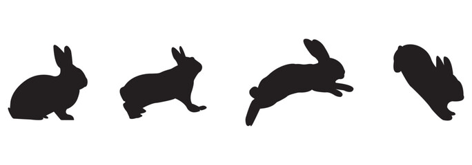 Set of rabbit silhouettes - vector illustration  . A simple black icons of hares. Cute animals. Ideal for logo, emblem, pictogram, print, design element for greeting card.  