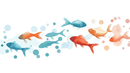This digital artwork features a school of stylized fish in a watercolor painting technique. The fish are presented in rich colors, mainly orange, red, and blue, creating a vibrant atmosphere.