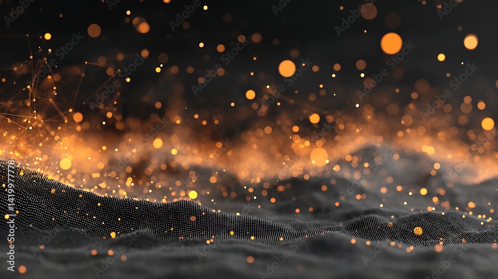 Poster abstract particles glowing on dark surface with futuristic network connection and points 92 chars