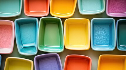 An Overhead Arrangement of Various Brightly Colored Rectangular Dishes