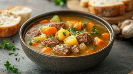 Hearty Beef Stew with Fresh Vegetables in a Bowl Surrounded by Bread and Garlic on a Rustic Kitchen Counter