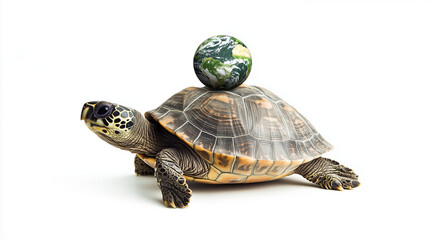 Obraz premium A turtle carrying a small green Earth on its shell, on a white background.