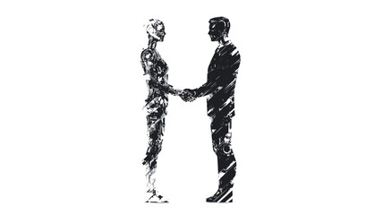 Fototapeta premium The image shows two stylized figures, one male and one female, rendered in monochrome against a plain white background. The figures are rendered in a fragmented, abstract style.