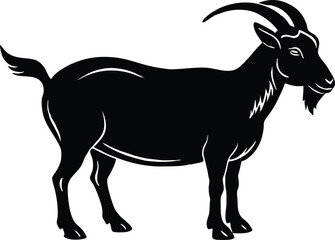 black and white goat, goat eating grass with baby, goat silhouette vector illustration, goat symbol icon.