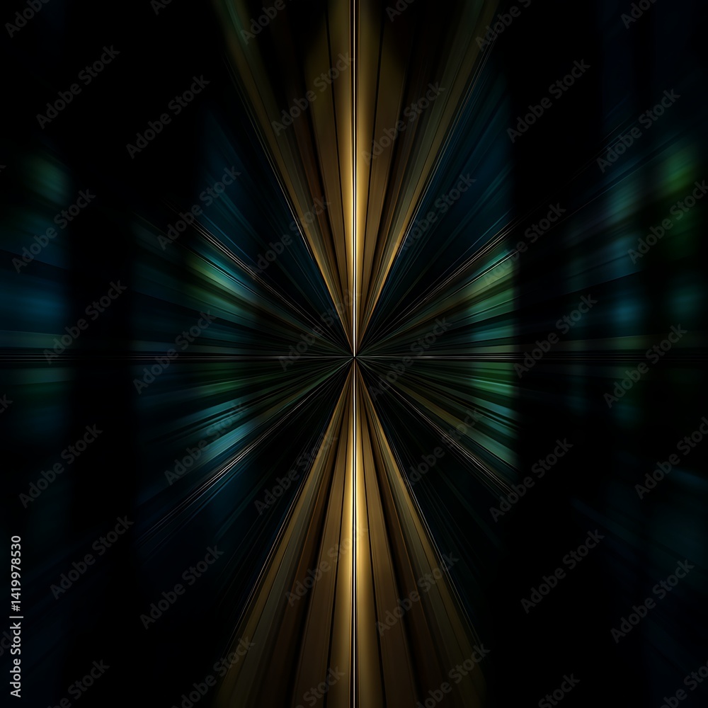 Wall mural abstract radiating lines of gold and teal creating optical illusion depth into mysterious void