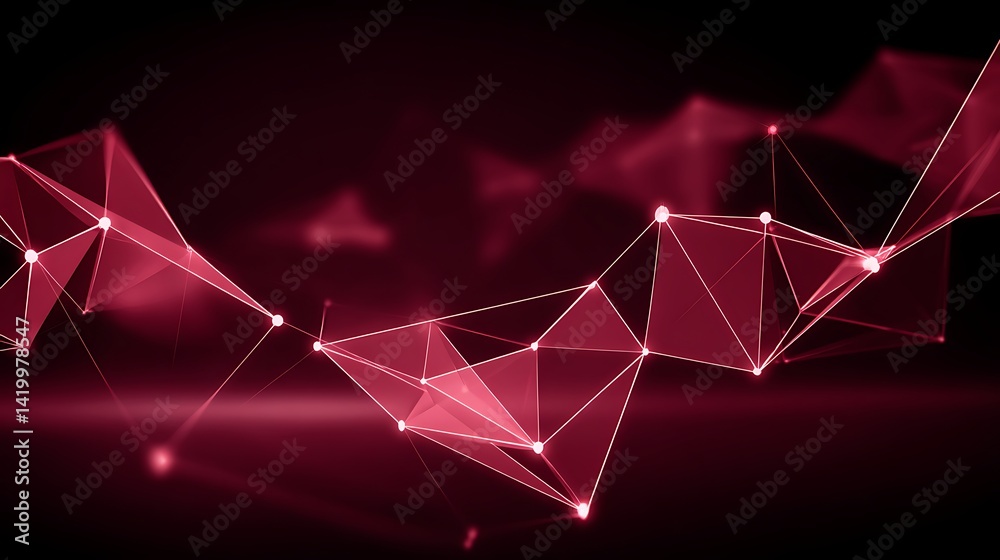Poster abstract red geometric network visualization with connected lines and nodes backdrop.