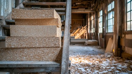 Obraz premium Wood Pulp Blocks Stacked Neatly in an Abandoned Industrial Workspace Bathed in Natural Light
