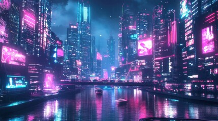 Obraz premium Neon-lit cityscape reflects in a futuristic river.