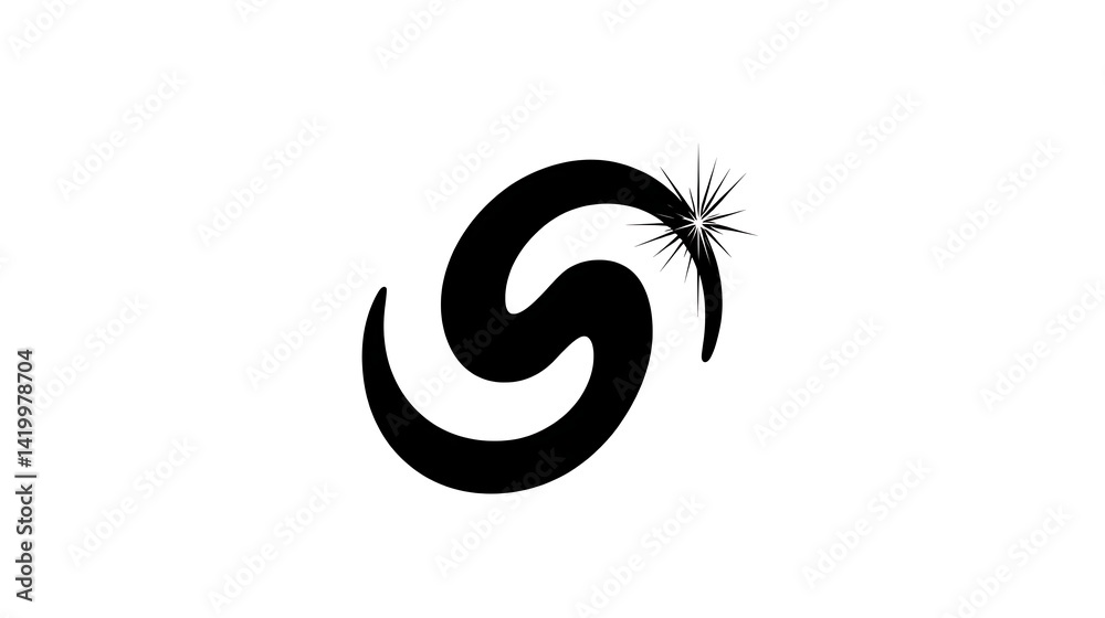 Poster abstract s shape with starburst radiating from one tip minimalist artistic design element.