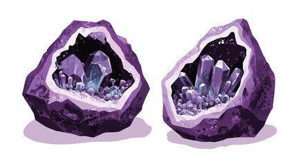 Fototapeta premium Two digital illustrations of amethyst geodes, rendered in a painterly style. Each geode is depicted as a rough, dark purple rock that cracks open to reveal a cavity filled with light.