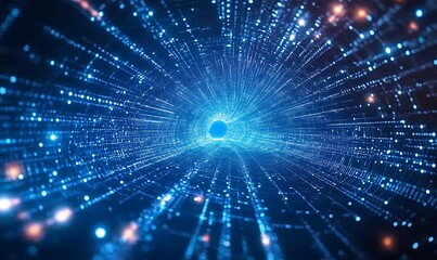 Naklejka premium Digital Data Tunnel: Dive into an expansive tunnel of shimmering digital data, an abstract representation of technological advancement and intricate network structures.