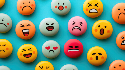 Lots of different emoticons with different sad and funny smiling and crying emotions. World Emoji Day.