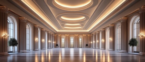 Naklejka premium Empty grand hall with arched windows columns and decorative ceiling lighting.