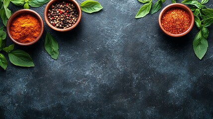 A dark textured surface features an assortment of spices and herbs in bowls, captured from directly above with ample copy space