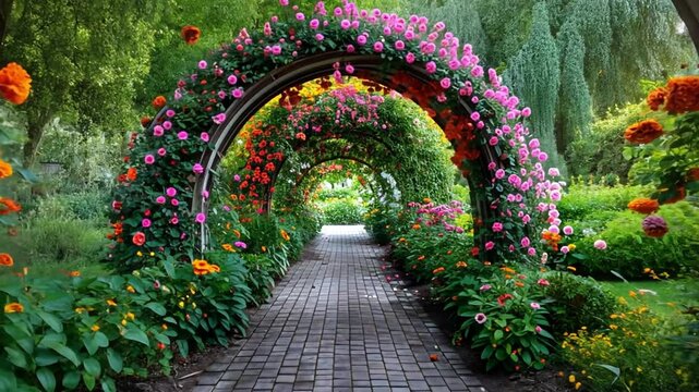 Path under beautiful flower arches footage