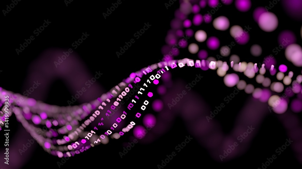 Poster abstract stream of binary digits flowing in a purple digital space with dark background.