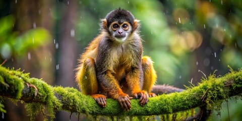 Obraz premium A small primate, with vibrant orange fur, sits perched on a moss-covered branch amidst a gentle rain shower in a lush, verdant forest