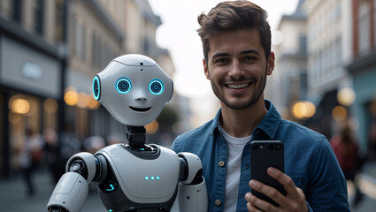Smiling Young Man With Phone And Robot Companion On Urban Street