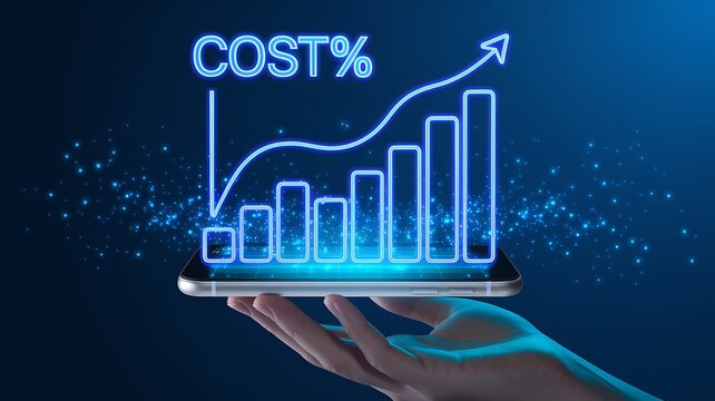 Cost reduction business finance concept. Businessman with virtual screen of Cost reduction graph with down arrow for budget management and cost management.