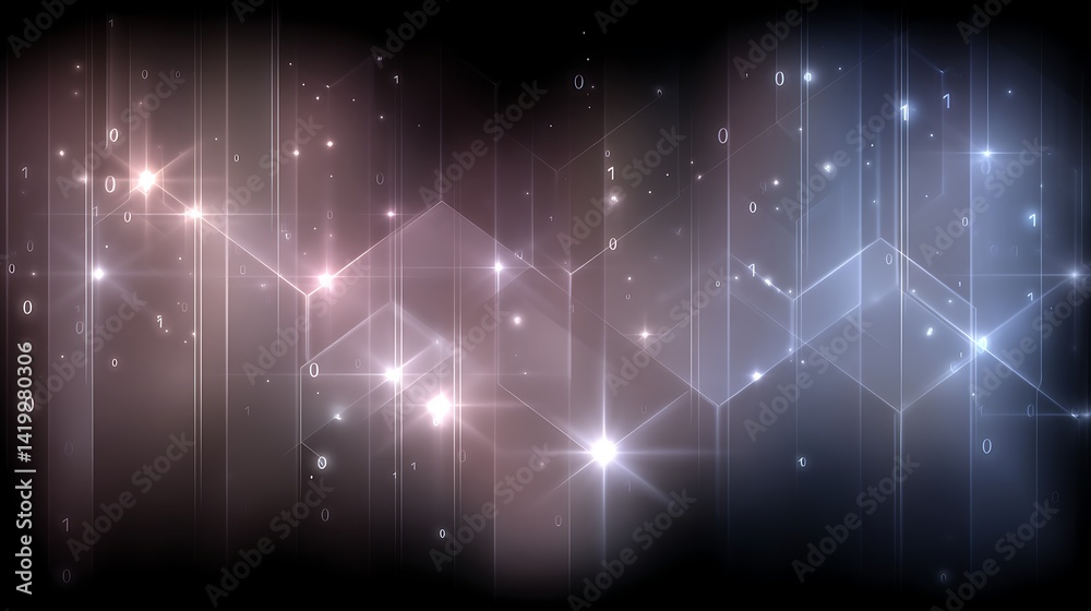 Fototapete Abstract Techscape with Hexagonal Grid Binary Code Sparkling Light Data Display 90 Characters.
