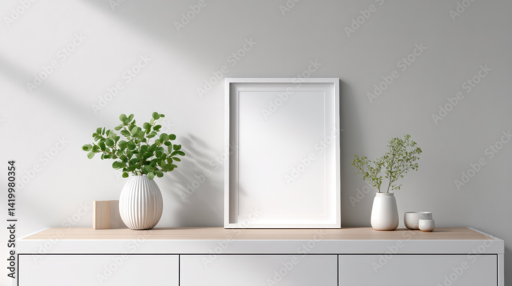 Aufkleber White frame mockup for photo display on modern cabinet with minimalist decor and natural light creating calm atmosphere in room interior