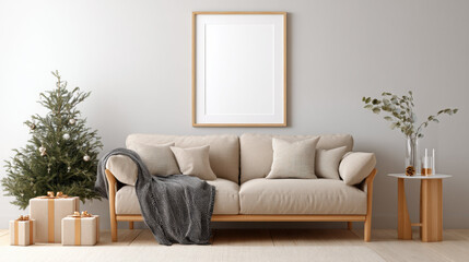 Frame mockup for photo above beige sofa in modern living room with Christmas tree and gifts creates cozy festive atmosphere perfect for seasonal home decor